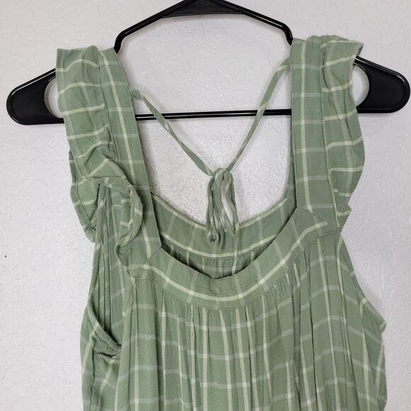 Maurices Light Green Plaid Ruffle Trim Sleeveless Square Neckline Mini Dress - Picture 6 of 10